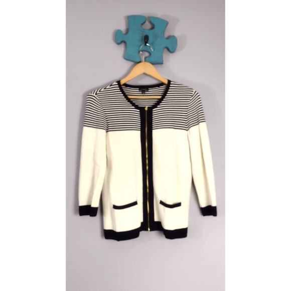 Talbots women's striped zipper front sweater medium cotton rayon - Picture 2 of 13